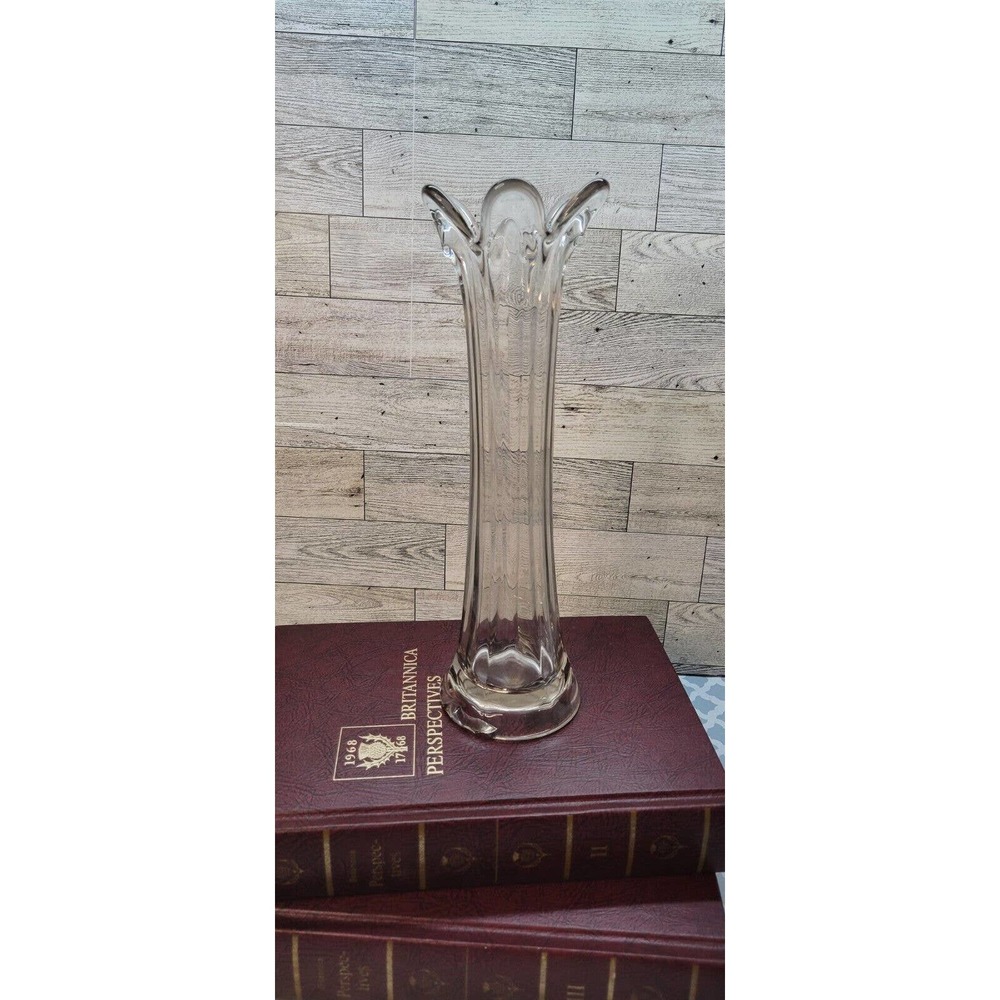 Vintage Swung Vase Clear glass Scalloped Top Paneled Six fingers 11" READ